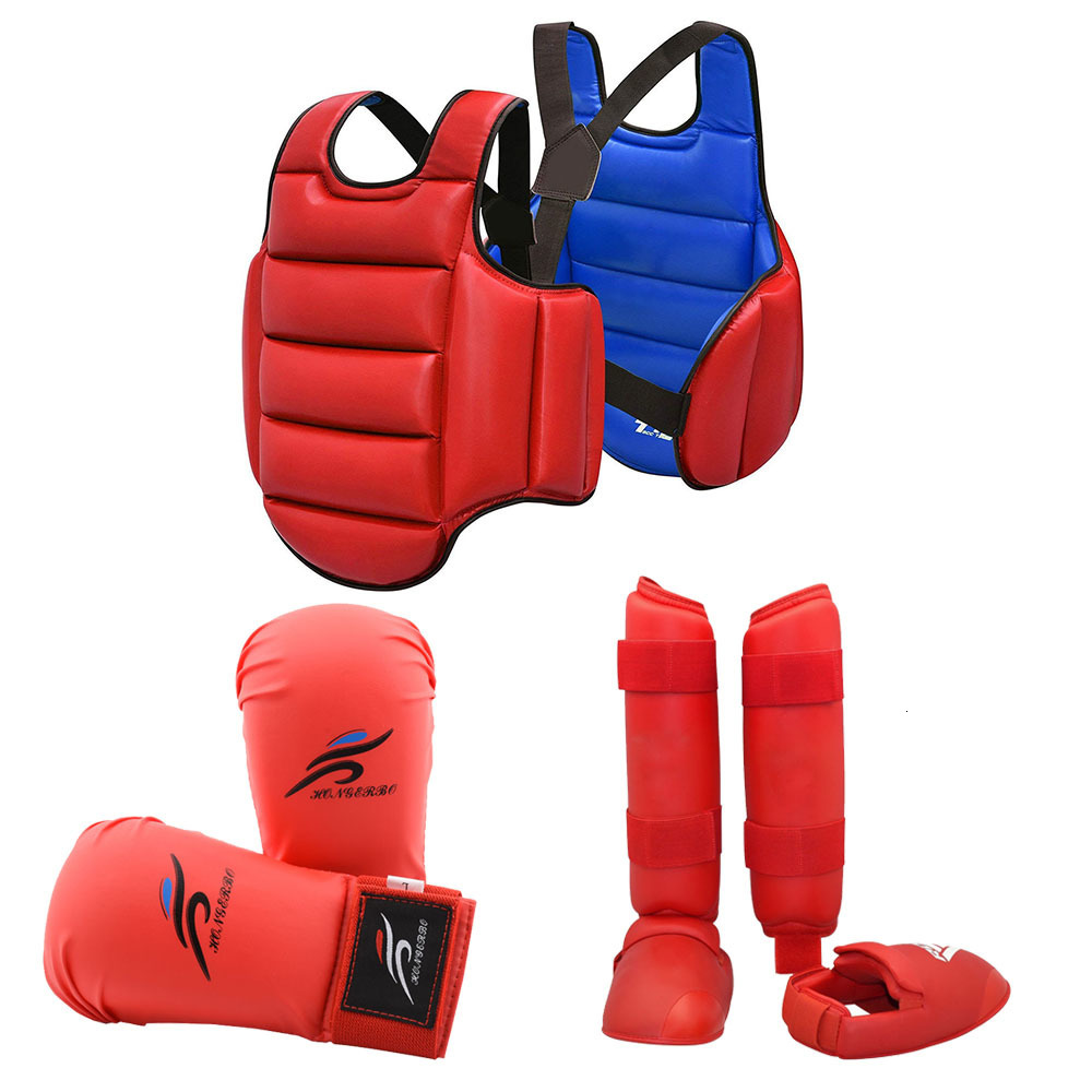 Protective Gear Karate Gloves Taekwondo Dobok Sparring Gear Uniform Set Helmet Shin Guards Boxing Equipment MMA Team Chest Suit Body Protection 230203