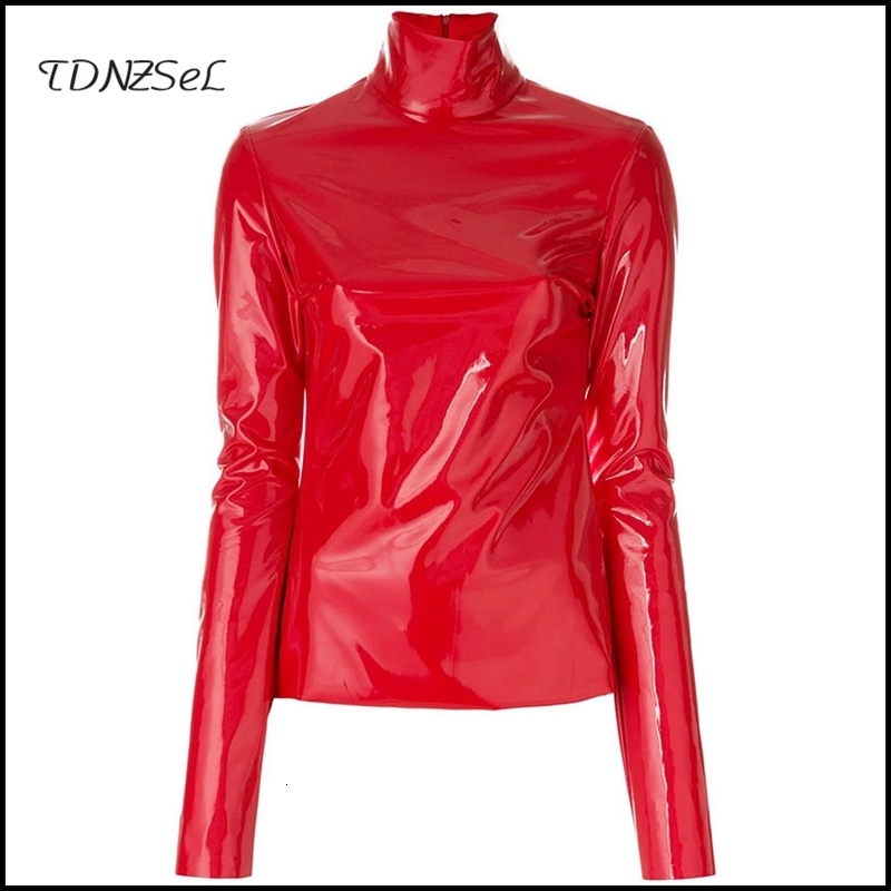 Women's T-Shirt Women Vintage Latex Leather High Neck Tops Black Highstreet Turtleneck Warm Pullover Long Sleeve Red PU Zipper T Shirt Custom 230