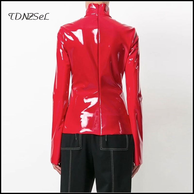 Women's T-Shirt Women Vintage Latex Leather High Neck Tops Black Highstreet Turtleneck Warm Pullover Long Sleeve Red PU Zipper T Shirt Custom 230