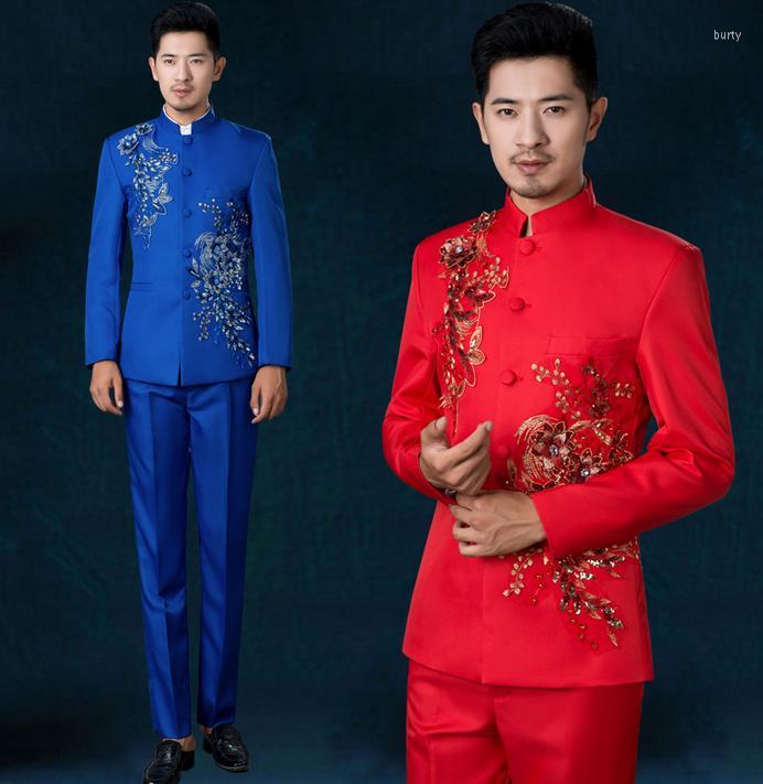 Men' Suits White Black Red Stand Collar Costume Slim Men Chinese Tunic Suit Set Flowers With Pants Mens Wedding Groom Formal Dress
Men' Suits White Black Red Stand Collar Costume Slim Men Chinese Tunic Suit Set Flowers With Pants Mens Wedding Groom Formal Dress