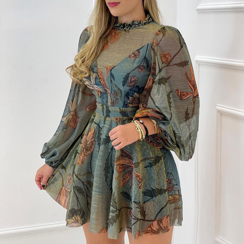 Casual Dresses Plus size Women Chic Round Frill Hemneck Mesh Puff Sleeve Mini Party Dress Length Style Lengthcm Pattern 230203