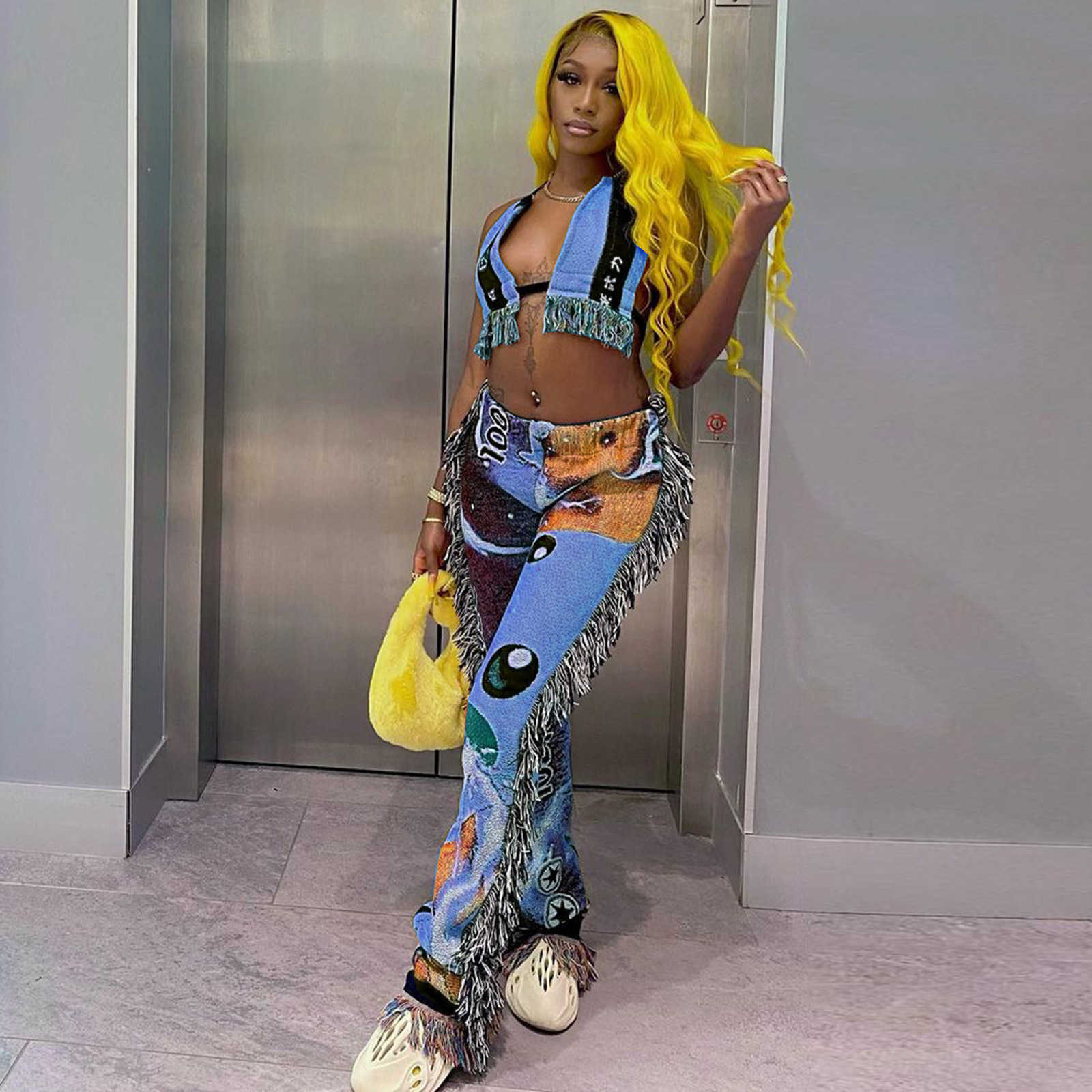 women's digital pants positioning expression letter printing hanging shoulder wrapped chest exposed back tassel two-piece set