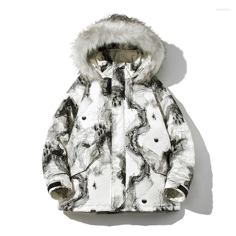 Men' Down Winter Hooded Cotton-padded Jacket Tide Brand Loose Ink Painting Printing Retro Big Fur Collar Padded JacketA5779, White
Men' Down Winter Hooded Cotton-padded Jacket Tide Brand Loose Ink Painting Printing Retro Big Fur Collar Padded JacketA5779, White