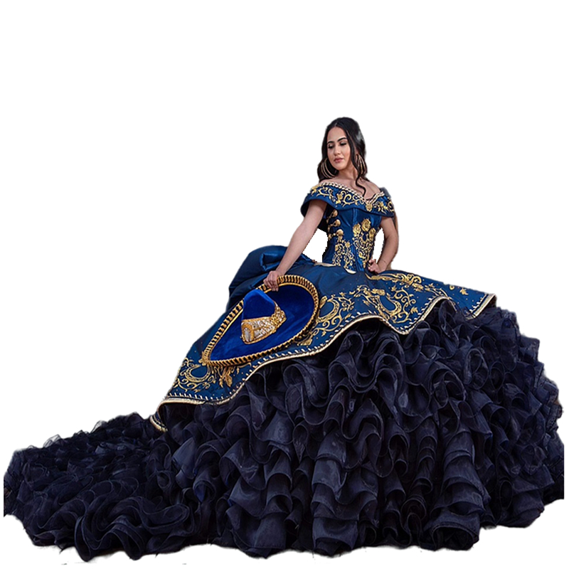 Charro Embroidered Blue Quinceanera Dresses Detachable Train Tiered Off Shoulder Bow Back Corset 15 Girls Party Prom Ball Gown