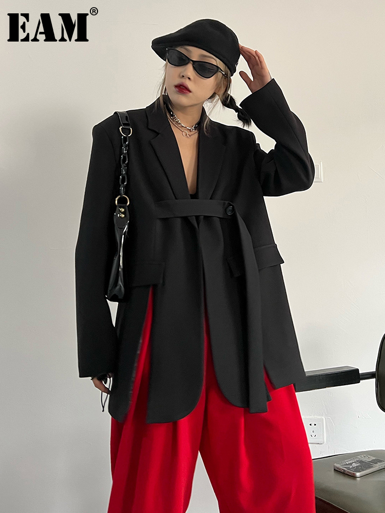 

Womens Suits Blazers EAM Women Gray Ribbon Slit Big Size Blazer Lapel Long Sleeve Loose Fit Jacket Fashion Spring Autumn 1DE8957 230202, Black