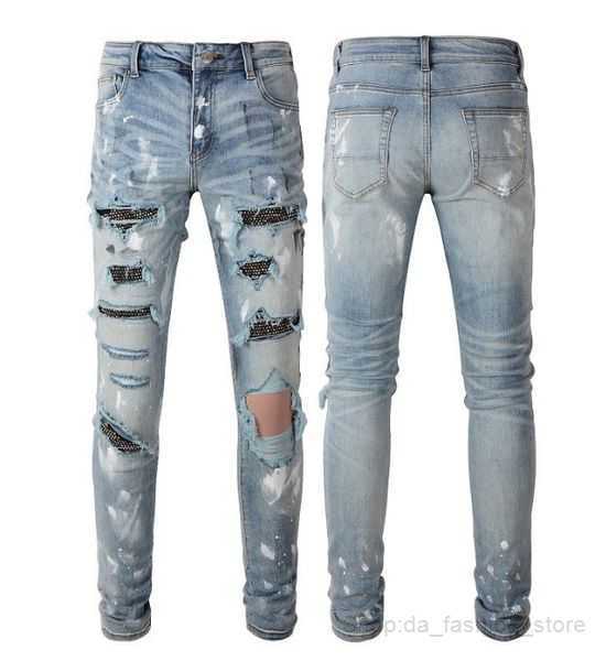 Mens Jeans Slim Distressed Denim White Designer Leather Pants with Holes Letters Torn Tattered Knee Ripped for Man Skinny Straight Leg 93size 28-36
Mens Jeans Slim Distressed Denim White Designer Leather Pants with Holes Letters Torn Tattered Knee Ripped for Man Skinny Straight Leg 93size 28-36