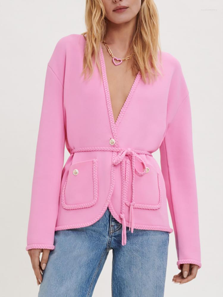 Women's Knits V-neck Casual Women Knit Cardigan With Belts Twist Loose Button Up Ladies Sweater Jumper 2023 Long Sleeve Women's Winter