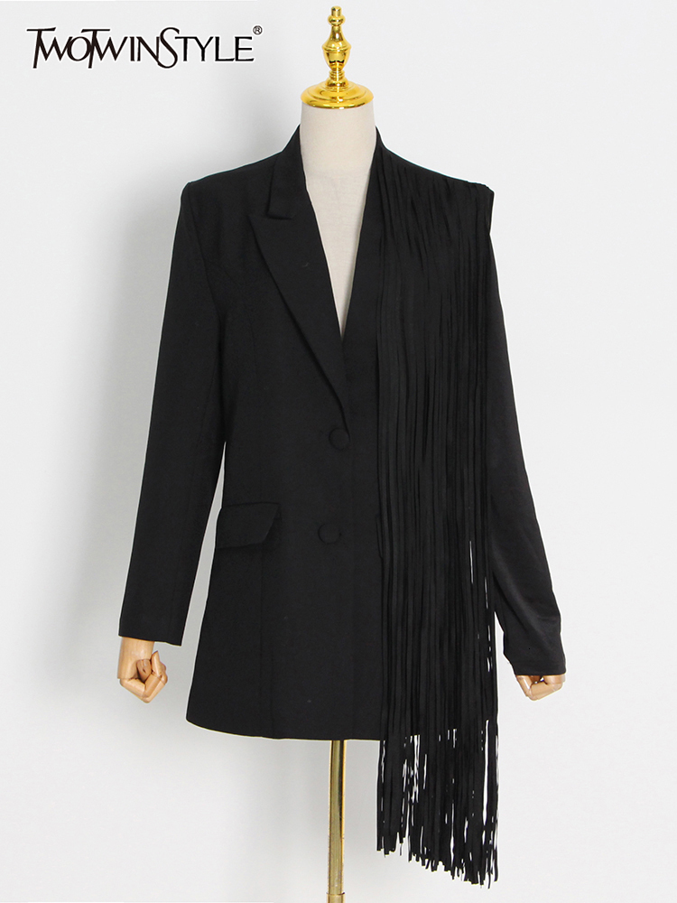 Womens Suits Blazers TWOTWINSTYLE Black Blazer For Women Notched Collar Long Sleeve Patchwork Tassel Hem Solid Female Korean Fashion Clothing 230202
Womens Suits Blazers TWOTWINSTYLE Black Blazer For Women Notched Collar Long Sleeve Patchwork Tassel Hem Solid Female Korean Fashion Clothing 230202
