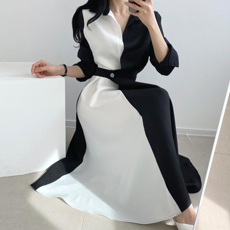 Casual Dresses High Waist Long Sleeve Korean Dress Woman Luxury Autumn Spring Party A-Line Elegant Women Slim Tum-down Collar