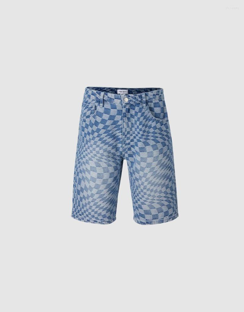 Women's Shorts Checkered Denim, Blue