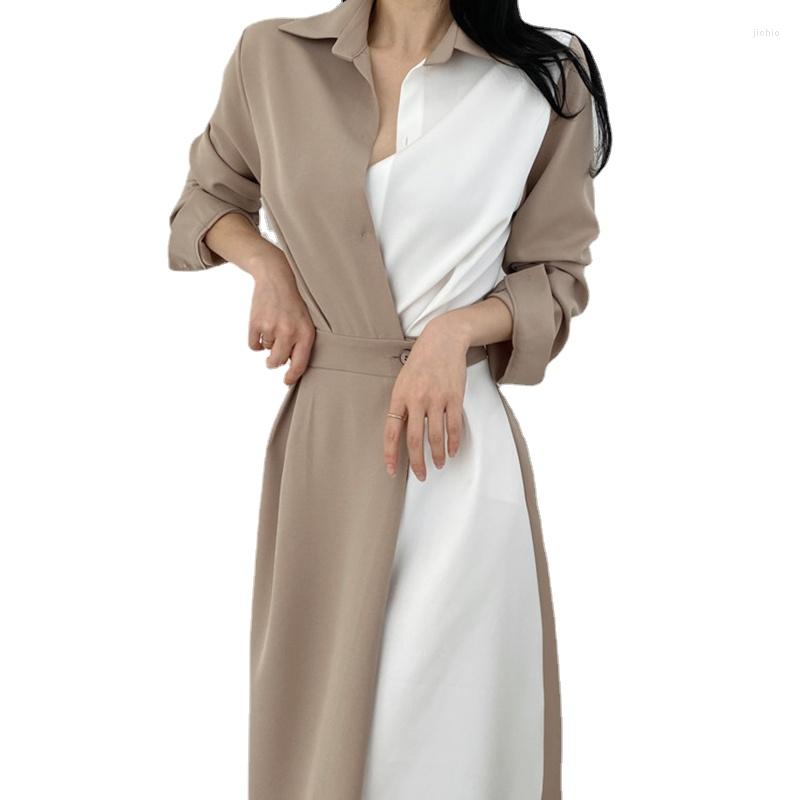 Casual Dresses High Waist Long Sleeve Korean Dress Woman Luxury Autumn Spring Party A-Line Elegant Women Slim Tum-down Collar