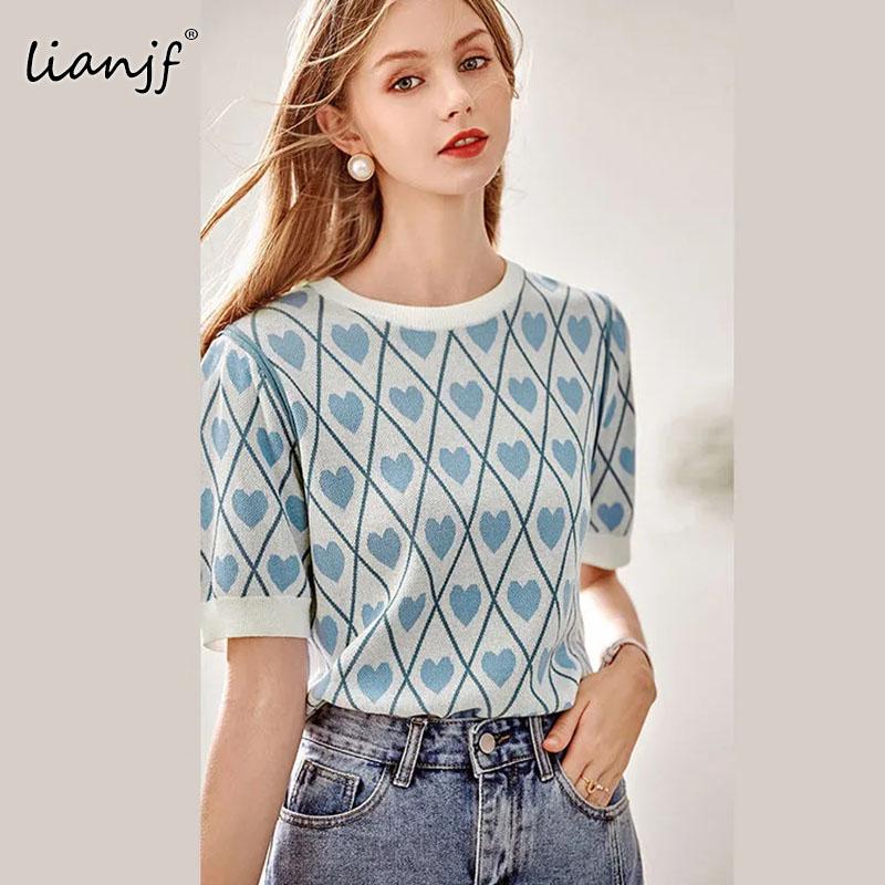 Women's Sweaters Summer Round Neck Heart Sweater Short-sleeved Knitted Women Harajuku Pullovers Soft Girl Clothes Oversized, Blue
Women's Sweaters Summer Round Neck Heart Sweater Short-sleeved Knitted Women Harajuku Pullovers Soft Girl Clothes Oversized, Blue