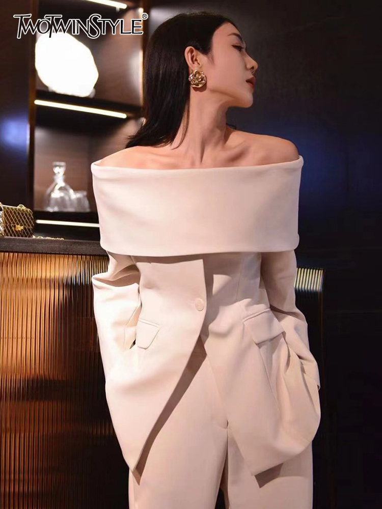 Women's Suits Blazers TWOTYLE Slash Neck Chic For Women Off Shoulder Long Sleeve Patchwork Single Button Solid Coat Female Clothes 230203, Black
Women's Suits Blazers TWOTYLE Slash Neck Chic For Women Off Shoulder Long Sleeve Patchwork Single Button Solid Coat Female Clothes 230203, Black