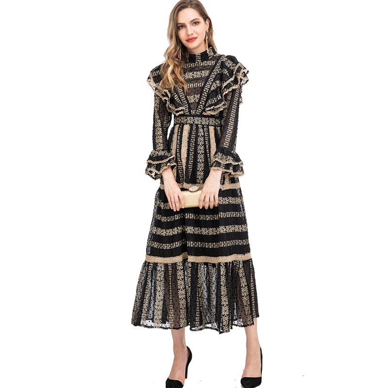Women's Runway Dresses Stand Collar Long Sleeves Ruffles Elegant Fashion Designer Prom Gown, Black
Women's Runway Dresses Stand Collar Long Sleeves Ruffles Elegant Fashion Designer Prom Gown, Black