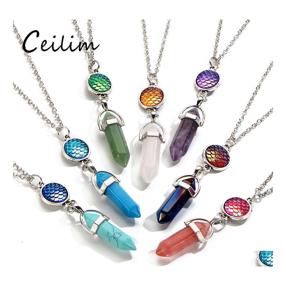 Pendant Necklaces Fashion Natural Stone Pendants For Women Sier Color Mermaid Scales Fish Scale Hexagonal Column Choker Necklace Jew Otea2
Pendant Necklaces Fashion Natural Stone Pendants For Women Sier Color Mermaid Scales Fish Scale Hexagonal Column Choker Necklace Jew Otea2
