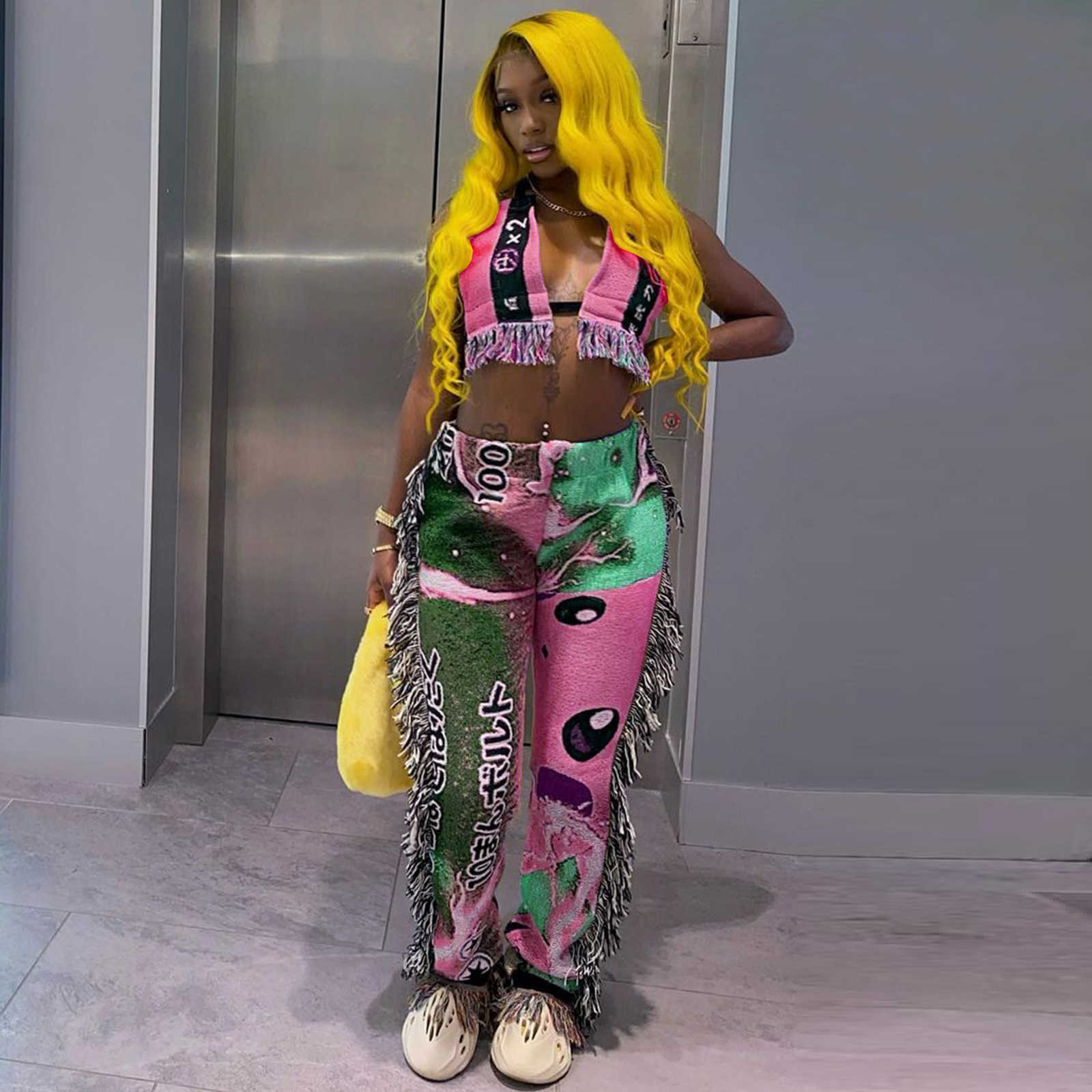 women's digital pants positioning expression letter printing hanging shoulder wrapped chest exposed back tassel two-piece set