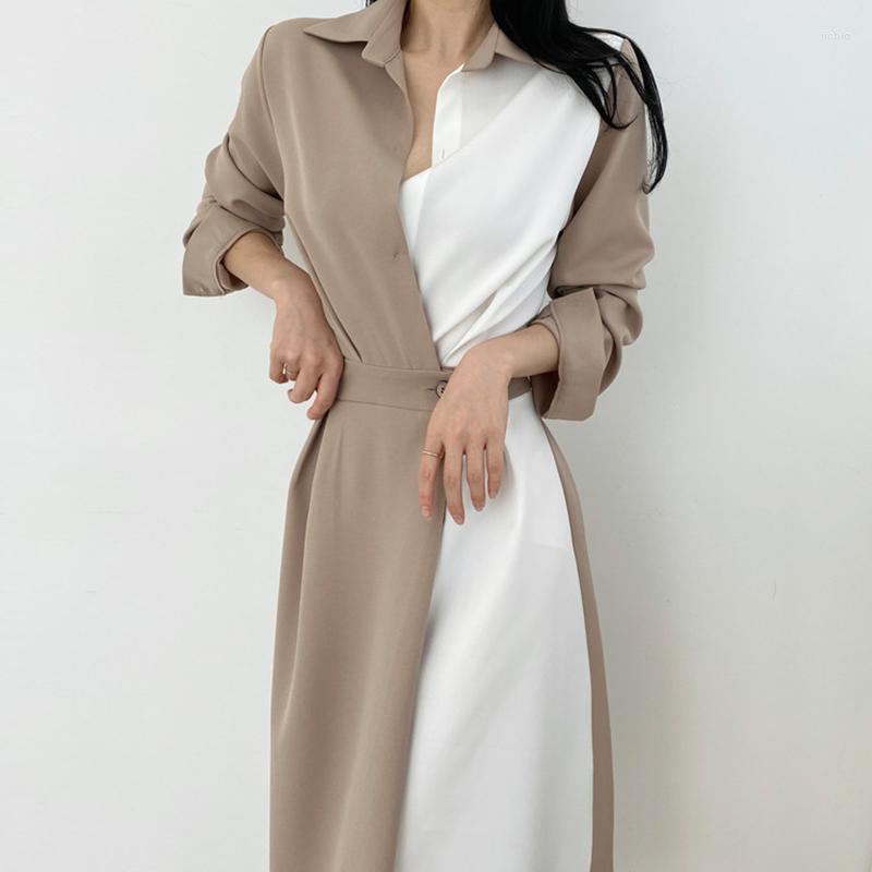 Casual Dresses High Waist Long Sleeve Korean Dress Woman Luxury Autumn Spring Party A-Line Elegant Women Slim Tum-down Collar