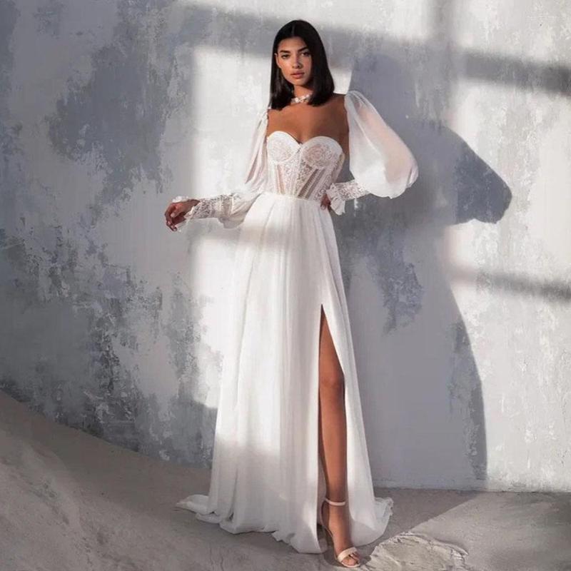 Party Dresses Boho High Side Split Wedding Lace Appliques Puff Sleeves Sweetheart A-Line Bridal Dress Lace-up Bride Gowns, Beige
Party Dresses Boho High Side Split Wedding Lace Appliques Puff Sleeves Sweetheart A-Line Bridal Dress Lace-up Bride Gowns, Beige