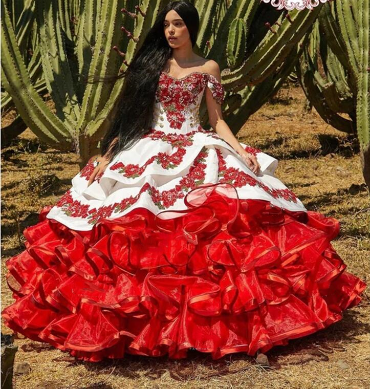 Red Floral Charro Quinceanera Dresses Ball Gown Off The Shoulder Tiered Organza Appliques Mexican Sweet 16 Dresses Vestido 15 Anos Evening Prom Wear