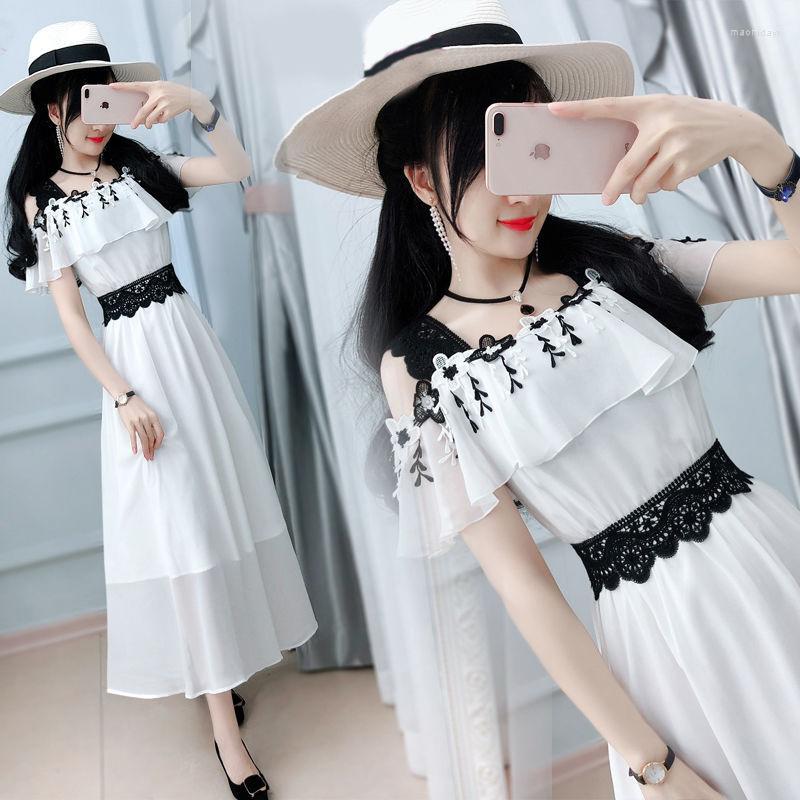 Casual Dresses White Stitching Black Lace Off Shoulder Dress Embroidered Female Summer Student Korean Version Slim Style
Casual Dresses White Stitching Black Lace Off Shoulder Dress Embroidered Female Summer Student Korean Version Slim Style