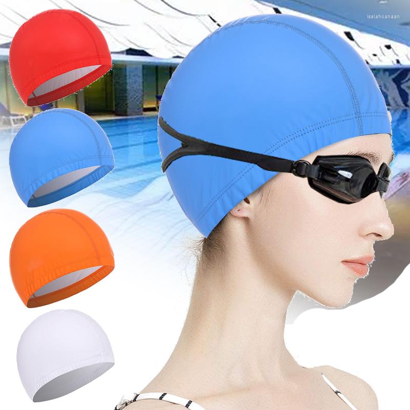 

Berets Ultrathin Waterproof PU Fabric Swimming Cap Elastic Protect Ears Men Women Long Hair Swim Pool Hat Free Size Adults Bathing Caps, White