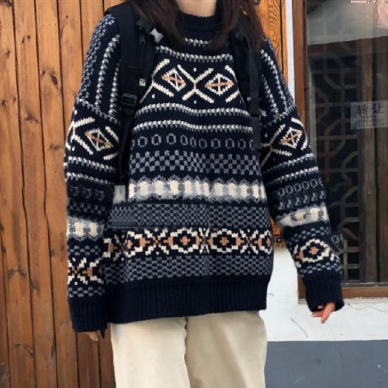 Women's Sweaters Knitted Sweater Jacquard Pullover Ladies Casual Autumn winter Retro Jumper Loose Outwear Korean Top Sueter Mujer 230203, Dark blue
Women's Sweaters Knitted Sweater Jacquard Pullover Ladies Casual Autumn winter Retro Jumper Loose Outwear Korean Top Sueter Mujer 230203, Dark blue