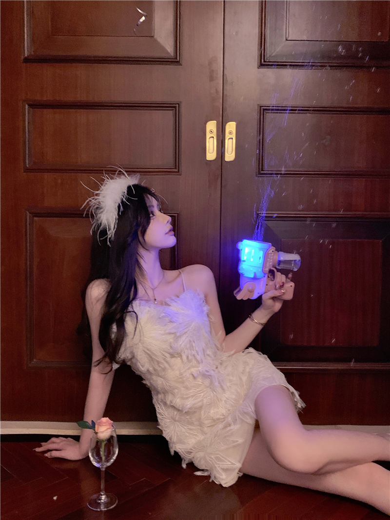 New design womens sexy spaghetti strap embroidery gauze flower feather bodycon short dress SML