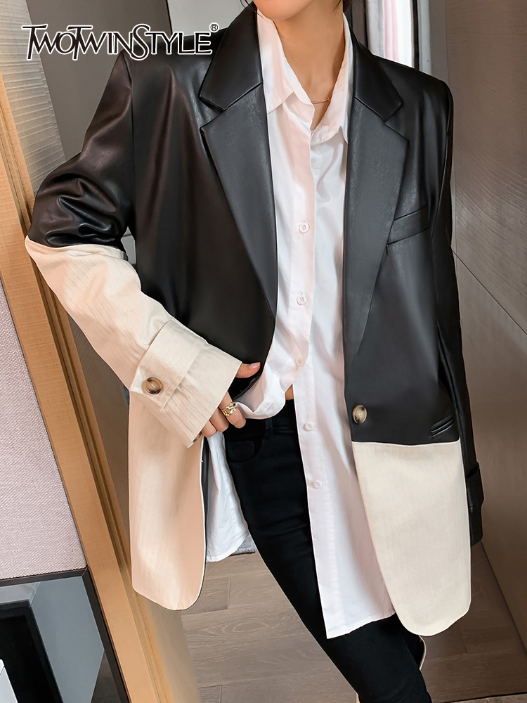 Womens Suits Blazers TWOTWINSTYLE Korean Fashion PU Leather For Women Notched Collar Long Sleeve Colorblock Blazer Female Clothing Style 230202, Black 
Womens Suits Blazers TWOTWINSTYLE Korean Fashion PU Leather For Women Notched Collar Long Sleeve Colorblock Blazer Female Clothing Style 230202, Black