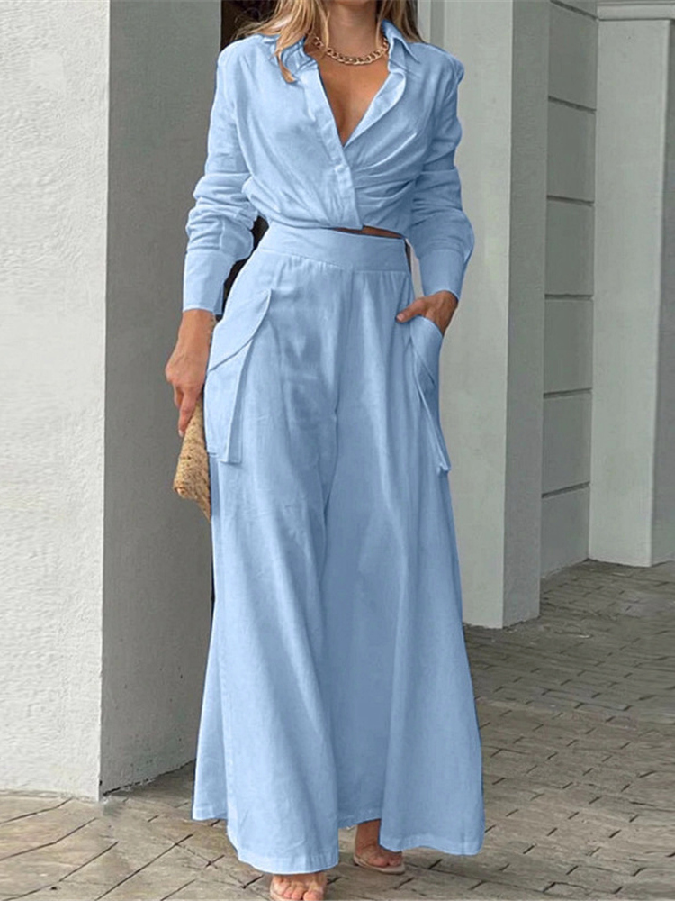 Womens Two Piece Pants Autumn Solid Set Long Sleeve Lapel V Neck Shirts High Waist Pockets Wide Leg Suit Lady Office 230202, Black
Womens Two Piece Pants Autumn Solid Set Long Sleeve Lapel V Neck Shirts High Waist Pockets Wide Leg Suit Lady Office 230202, Black