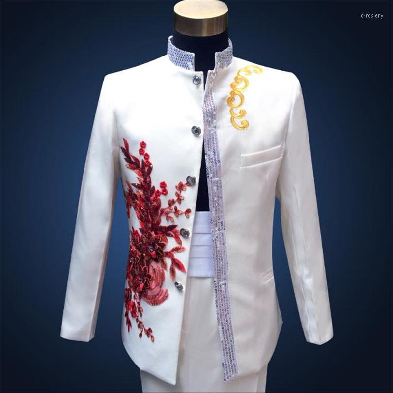 Men' Suits Sequins Stand Collar Formal Dress Latest Coat Pant Designs Suit Men Embroidered Flowers Chinese Tunic Wedding For Men, White
Men' Suits Sequins Stand Collar Formal Dress Latest Coat Pant Designs Suit Men Embroidered Flowers Chinese Tunic Wedding For Men, White