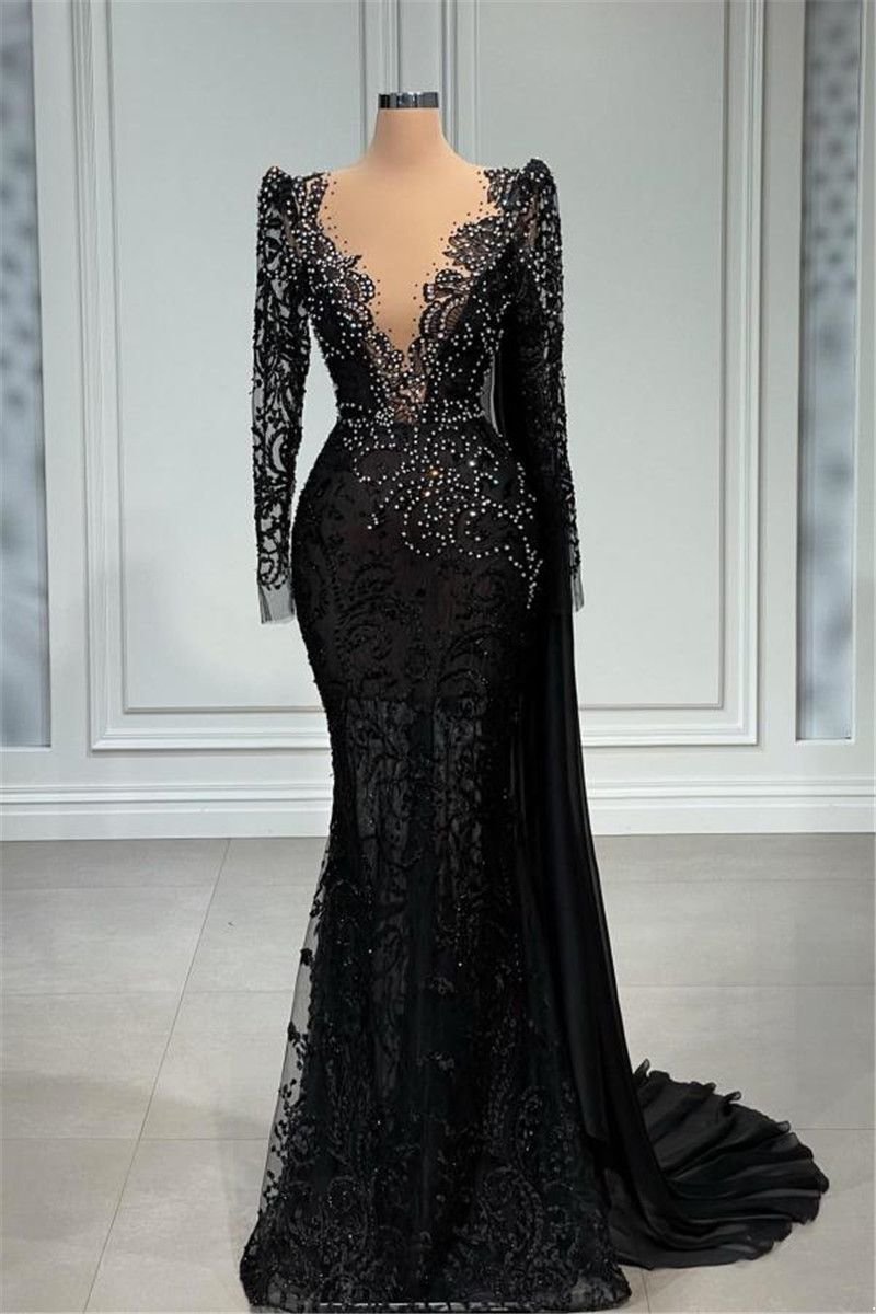 Elegant Black Lace Mermaid Evening Dresses with White Beads Deep V Neck Long Sleeve Appliques 2025 Party Gowns