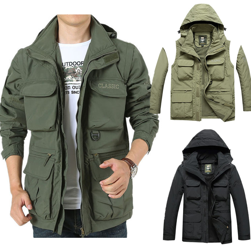 Men's Jackets Autumn Multi pockets Outdoor Casual Traveling Windbreaker Coat Hooded Removable sleeve Outerwear Male 230203, Thin khaki
Men's Jackets Autumn Multi pockets Outdoor Casual Traveling Windbreaker Coat Hooded Removable sleeve Outerwear Male 230203, Thin khaki