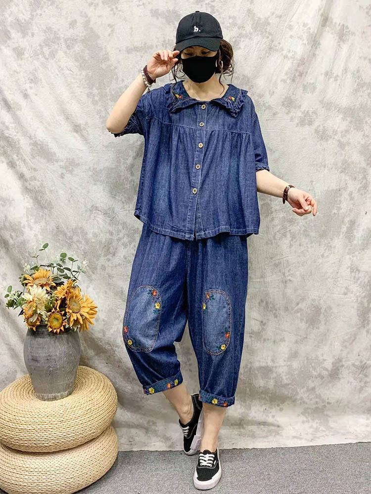 Women's Two Piece Pants Retro Chinese Clothes 2 Pieces Suits Woman Summer Denim Tops Elastic Harem Sets Embroidery Flower Casual Jean Outfit, Blue
Women's Two Piece Pants Retro Chinese Clothes 2 Pieces Suits Woman Summer Denim Tops Elastic Harem Sets Embroidery Flower Casual Jean Outfit, Blue
