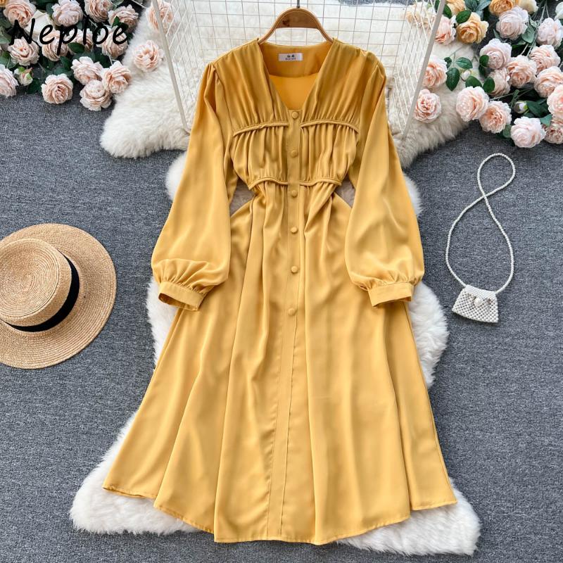 Casual Dresses Neploe V Neck Solid Color Long Sleeve Robe Femme Pleated Chic Buttons Slim Party Autumn Winter Vestidos De Mujer Elegant, Yellow
Casual Dresses Neploe V Neck Solid Color Long Sleeve Robe Femme Pleated Chic Buttons Slim Party Autumn Winter Vestidos De Mujer Elegant, Yellow
