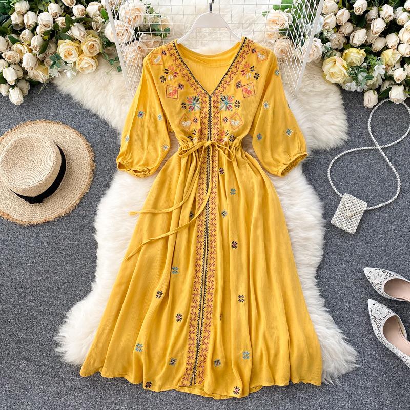Ethnic Clothing Bohemian National Heavy Industry Embroidery Vneck Lace Up Waist Slim Bubble Sleeve Holiday Dress Bohemia Long Frocks For
Ethnic Clothing Bohemian National Heavy Industry Embroidery Vneck Lace Up Waist Slim Bubble Sleeve Holiday Dress Bohemia Long Frocks For