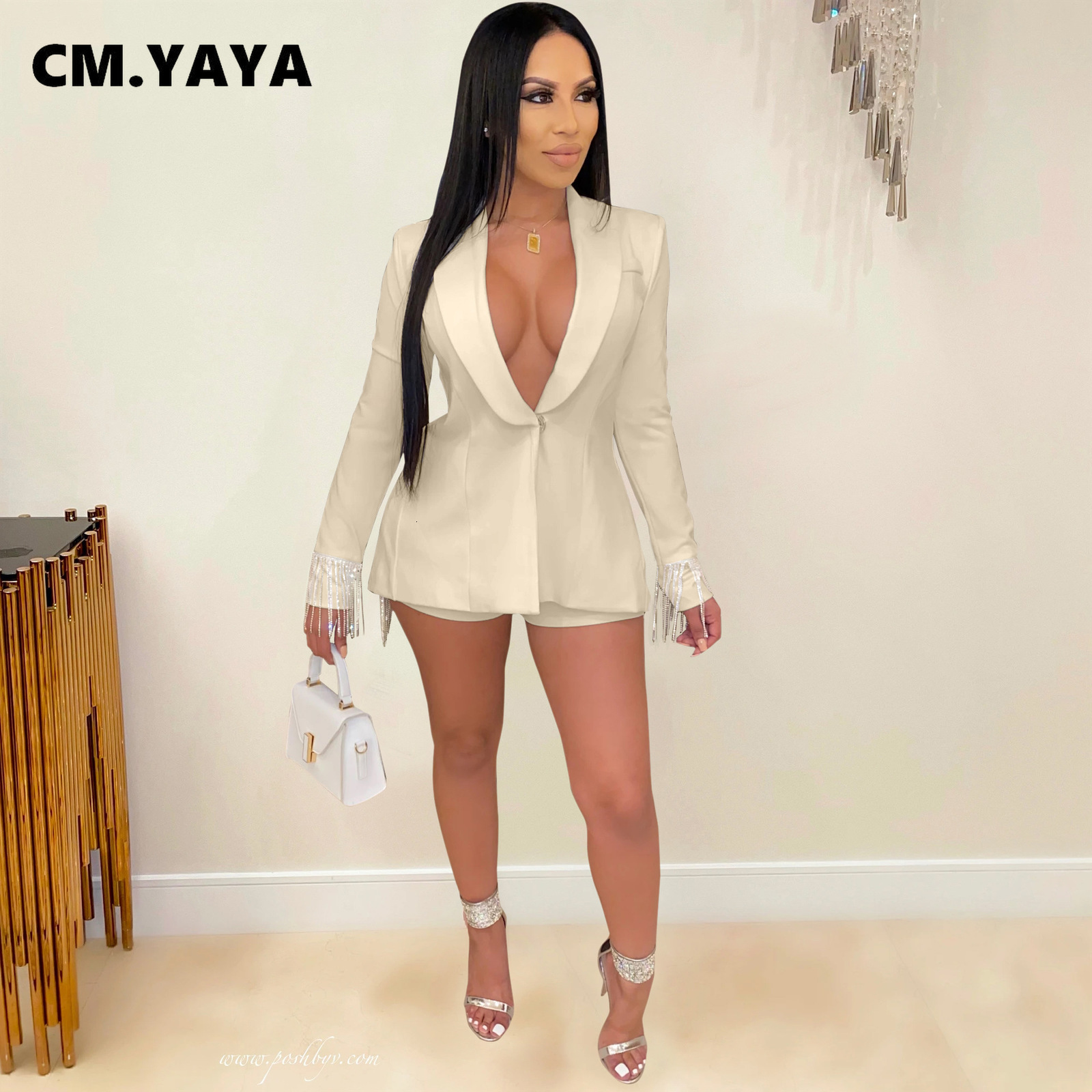 Women's Suits Blazers CM.YAYA Women Sequins Tassel Splcing Notched Neck Blazer Suit and Shorts Matching Two 2 Piece Set Office Lady Elegant INS O