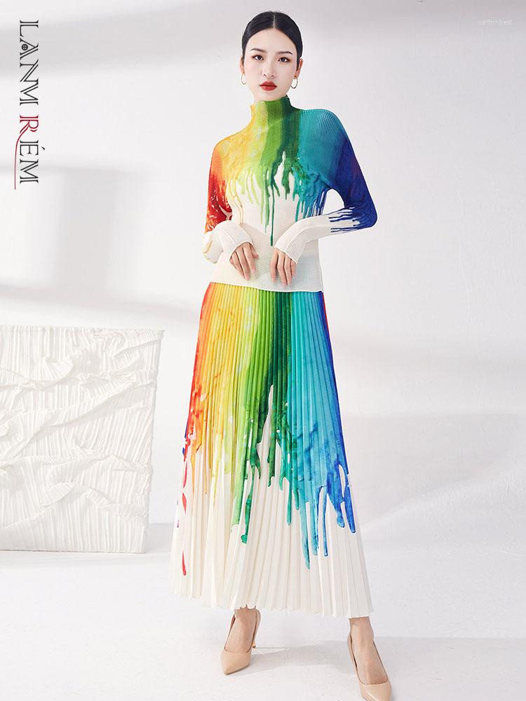 

Work Dresses LANMREM Pleated Set 2 Pieces Rainbow Printing Gradient Slim T-shirt Long Sleeves Top With Elegant Skirts 2023 Spring 2R9604