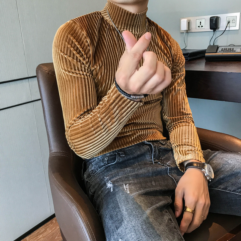 Men's T-Shirts Velvet Turtleneck T-Shirt Fall Winter Slim Striped Casual T-Shirt Men Long Sleeve Tight T-Shirt Club Costume Camiseta Homme 230204