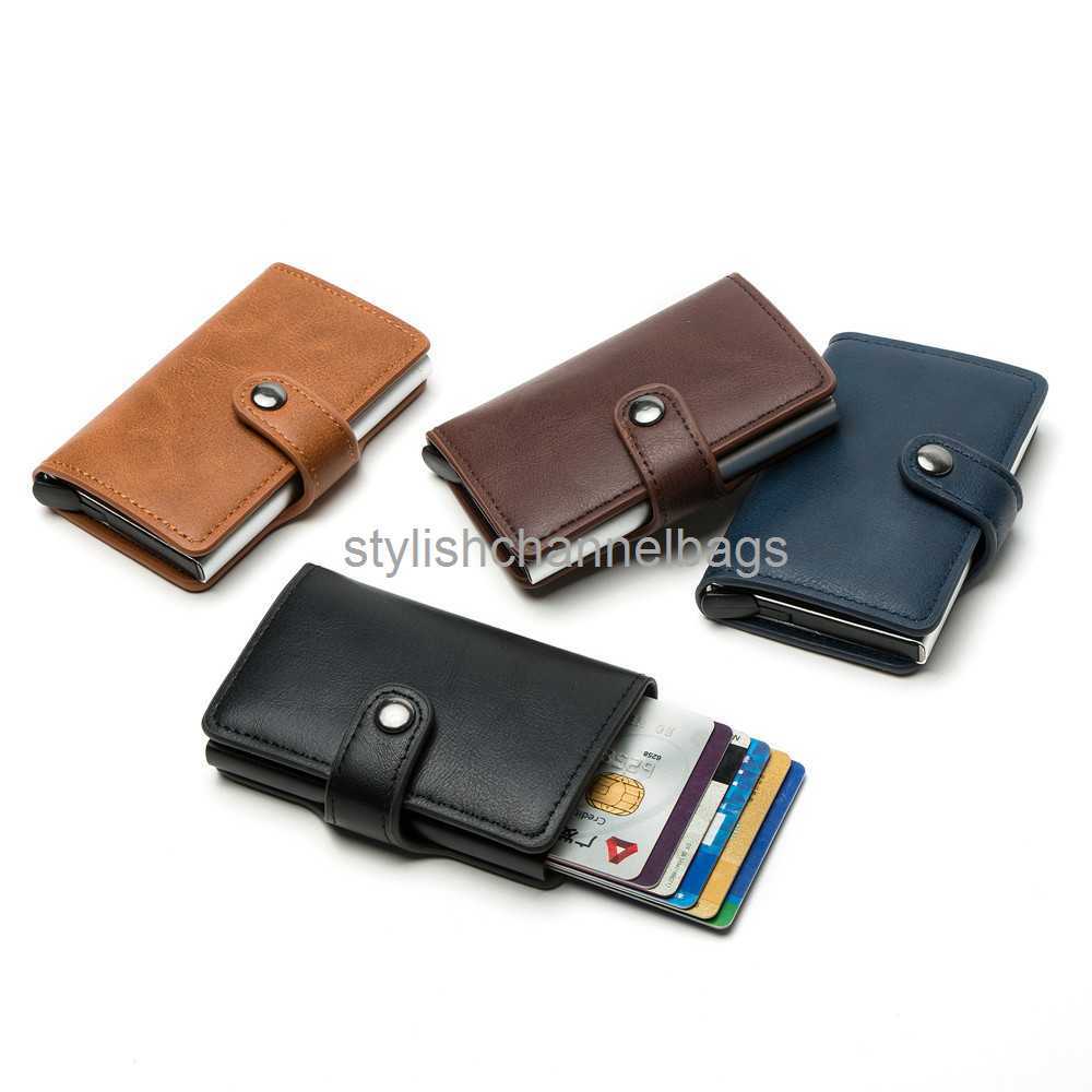 Wallets RFID Blocking Vintage Men's Credit Card Holder Aluminum Alloy ID Card Case Automatic Male Metal Leather Cardholder Wallet 0204/23