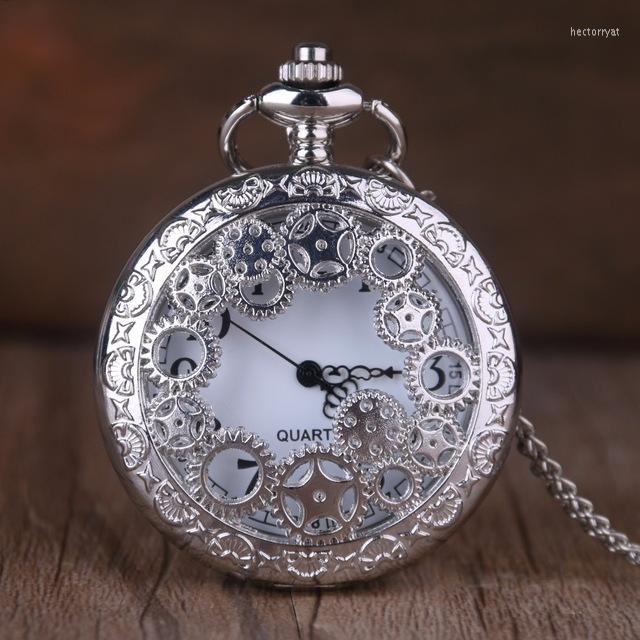 Pocket Watches Antique Silver Quartz Watch Vintage Gear Hollow Necklace Pendant Men Women Clock With Fob Chain CF1091, Picture shown
Pocket Watches Antique Silver Quartz Watch Vintage Gear Hollow Necklace Pendant Men Women Clock With Fob Chain CF1091, Picture shown