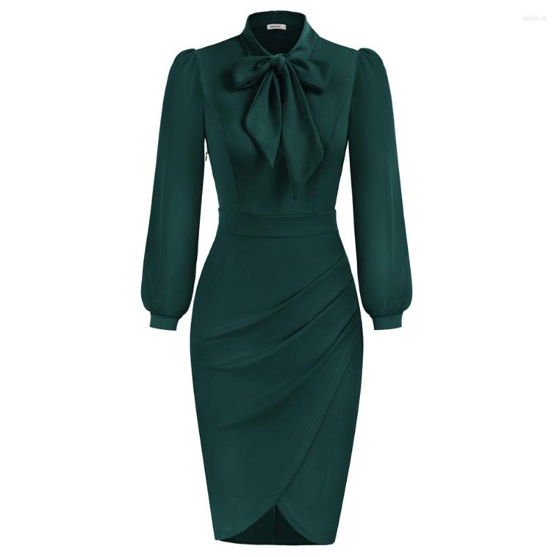 

Casual Dresses JC Women's Bow Tie Neck Bodycon Midi Dress Ruched Tulip Hem Long Sleeve Work Cocktail Pencil Office Lady Workwear A30, Dark green