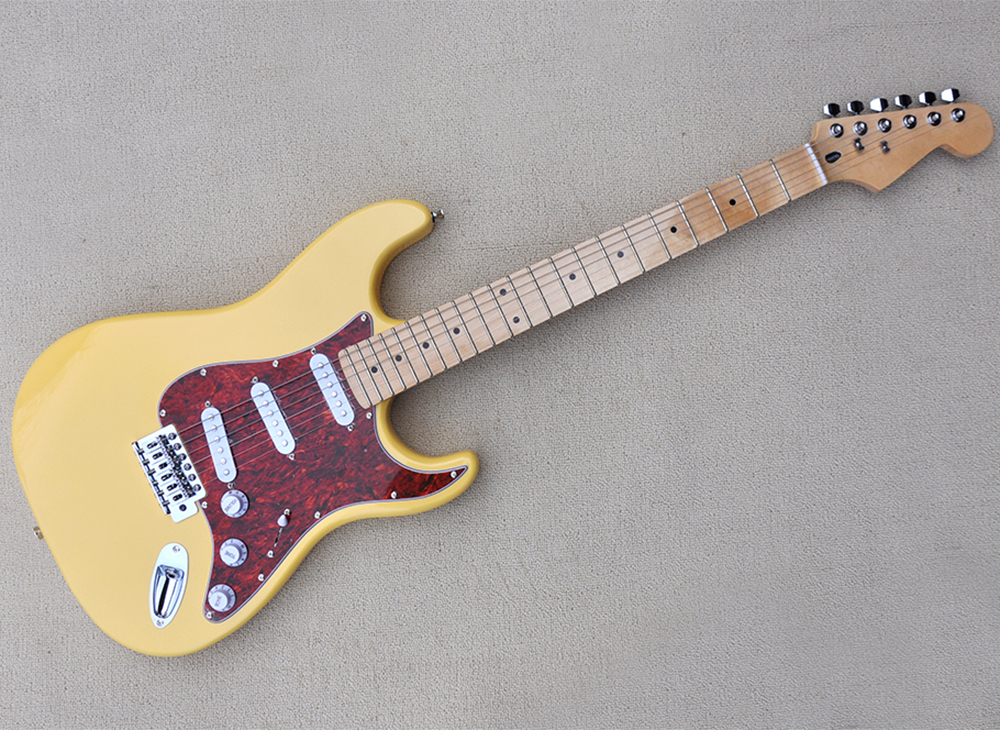 Yellow Electric Guitar with Maple Fretboard SSS Pickups Red Pearl Pickguard Customizable
Yellow Electric Guitar with Maple Fretboard SSS Pickups Red Pearl Pickguard Customizable