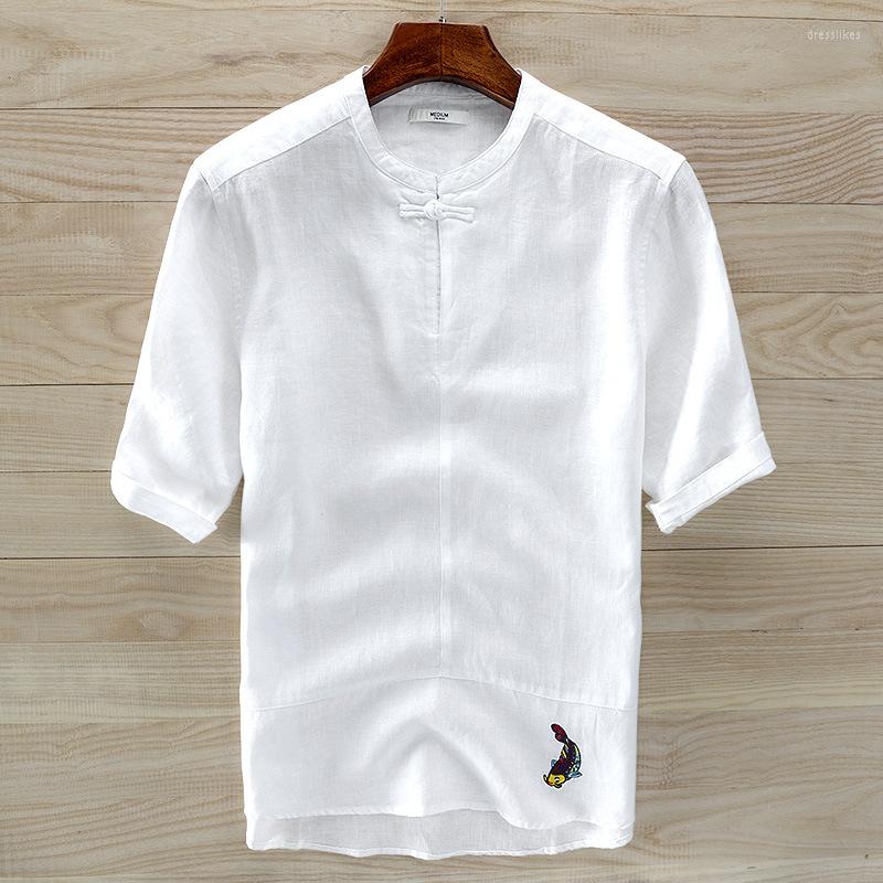 Men's T Shirts Chinese Style Short Sleeve T-shirt With Fish Embroidery White Blue Gray Khaki Summer Linen T-shirts Men Casual Tees Male
Men's T Shirts Chinese Style Short Sleeve T-shirt With Fish Embroidery White Blue Gray Khaki Summer Linen T-shirts Men Casual Tees Male