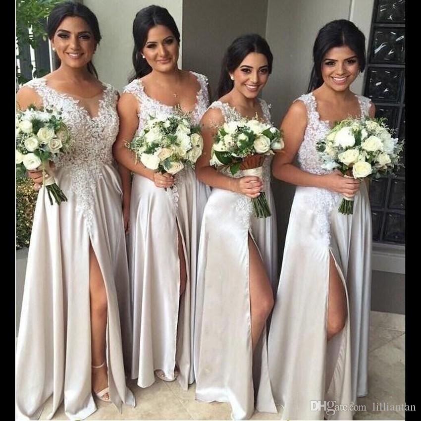 Light Champagne Bridesmaid Dresses Scoop Neck Lace Applique Floor Length Sleeveless Side Slit Ruched Custom Made Plus Size Maid Of Honor Gowns