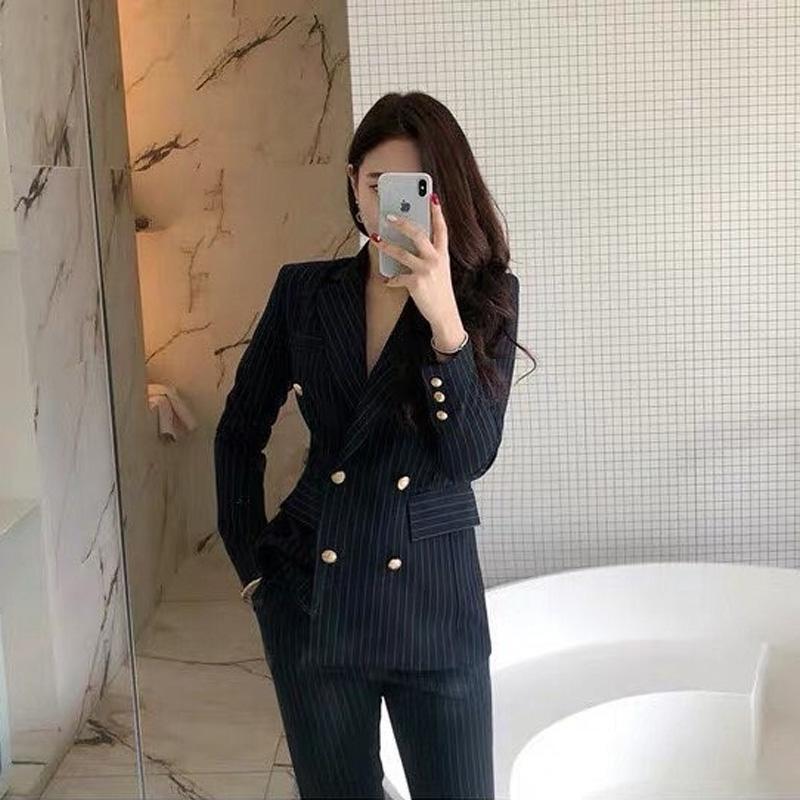 Women's Two Piece Pants Spring And Autumn Blue/black Vertical Stripes High-end Small Suit Korean Temperament Professional Fit Two-piece
Women's Two Piece Pants Spring And Autumn Blue/black Vertical Stripes High-end Small Suit Korean Temperament Professional Fit Two-piece