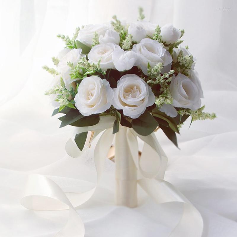 

Decorative Flowers Bride Bouquet Bridesmaid Wedding Flower White Artificial Roses Bridal Bouquets Marriage Accessories, Hand flower d