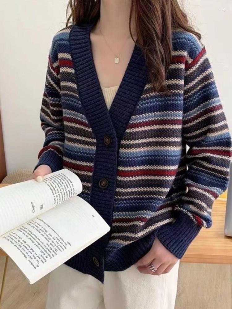 

Women's Knits Hsa Women Spring Autumn Vintage Sweater And Cardigans V Neck Striped Chinese Style Chic Knitted Jackets Coat, Lm19884-a navy