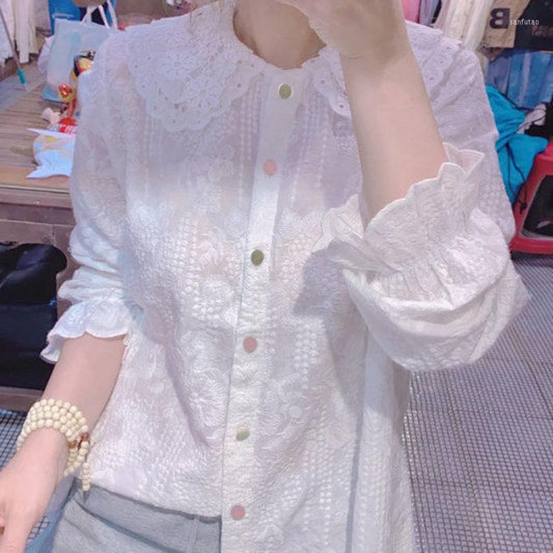Women's Blouses Lace Hollow Out Doll Neck Flare Sleeve Blouse Women Autumn European Color Buttons Solid Long Casual Female Top, White
Women's Blouses Lace Hollow Out Doll Neck Flare Sleeve Blouse Women Autumn European Color Buttons Solid Long Casual Female Top, White