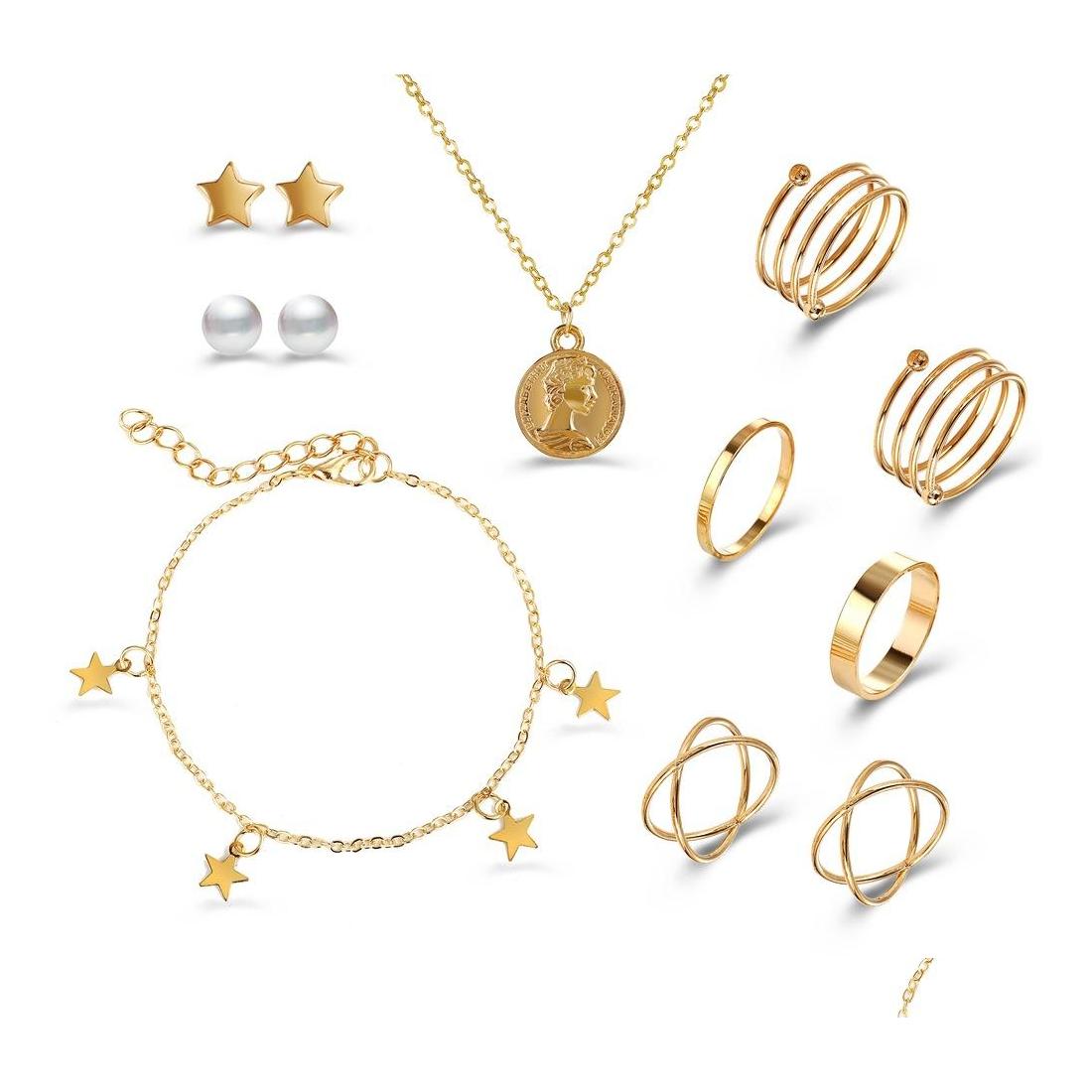 Bracelet Earrings Necklace Fashion Jewelry Set Bracelet Rings Sets 10Pcs/Set Drop Delivery Dh2Kl, Golden
Bracelet Earrings Necklace Fashion Jewelry Set Bracelet Rings Sets 10Pcs/Set Drop Delivery Dh2Kl, Golden