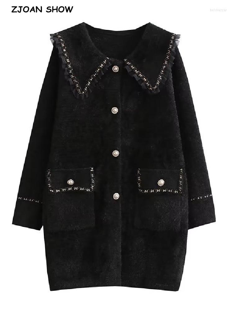 Women's Knits 2023 Autumn Winter Spliced Wood Ears Lapel Knitted Cardigan Woman Full Sleeve Mid Long Sweater Single-breasted Buttons Jumper, Black
Women's Knits 2023 Autumn Winter Spliced Wood Ears Lapel Knitted Cardigan Woman Full Sleeve Mid Long Sweater Single-breasted Buttons Jumper, Black